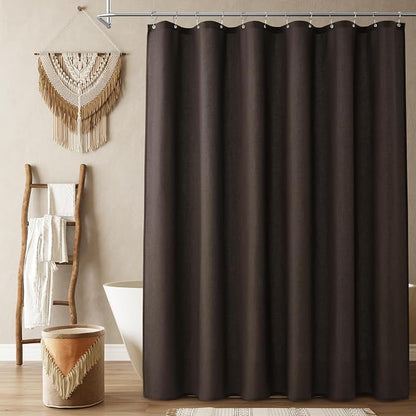 Chocolate Brown Linen Shower Curtain, Country Boho Farmhouse Bath Decor Shower Curtains Neutral Cloth Weighted Textured Fabric Bath Curtain Liner with Hooks, 72x78