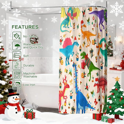 Shower Curtain Christmas, Kids Shower Curtain Santa's Hat Dinosaur Party Gift Box Cake Candy Jingling Bell String Light Xmas Theme Machine Washable Home Farmhouse Waterproof Decor Bathroom Curtain