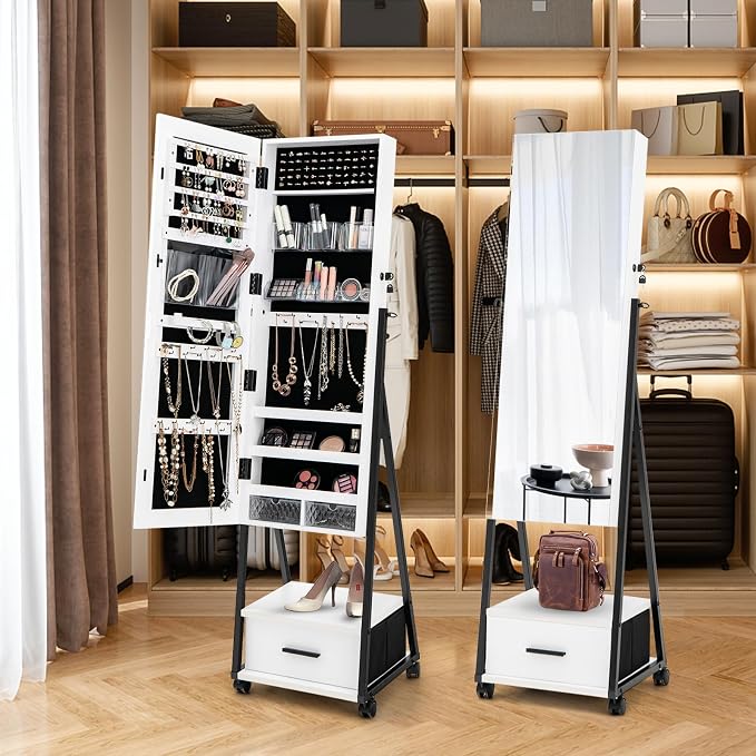 Rolling Jewelry Cabinet with Wheels, Lockable Jewelry Organizer Box with Drawers, Freestanding Jewelry Armoire with Full-length Mirror, for Women Girls Bedroom Cloakroom (White)