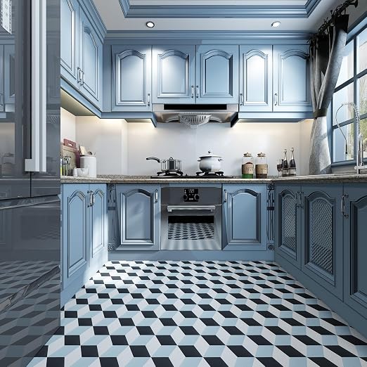 Art3d 30-Pack Hexagon Peel and Stick Vinyl Floor Tiles, Blue/Black/White | 11.8" x 10.2" Single Tile, Self Adhesive, Waterproof, Simple to Clean, Ideal for Kitchen, Bathroom, Living Room, Bedroom