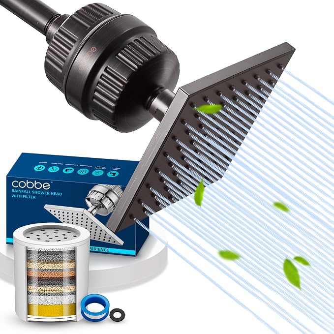 Cobbe High Pressure Filtered Shower Head with Filters for Hard Water Combo | Rain Showerheads with 20 Stage Water Softener for Healthier Skin & Hair Remove Chlorine and Harmful Substances, ORB