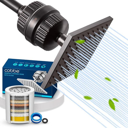Cobbe High Pressure Filtered Shower Head with Filters for Hard Water Combo | Rain Showerheads with 20 Stage Water Softener for Healthier Skin & Hair Remove Chlorine and Harmful Substances, ORB