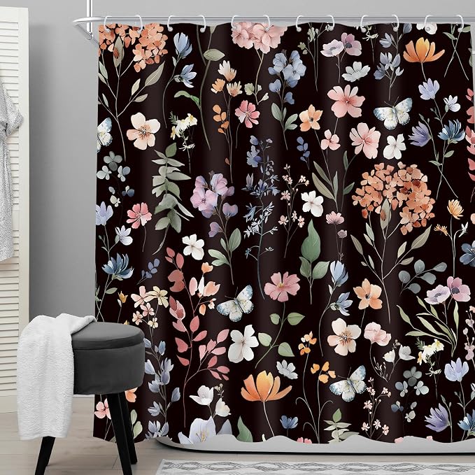Black Flower Dark Floral Wildflower Leaves Leaf Bathroom Shower Curtain Set | 72"W x 72"H Vintage Botanical; waterproof HD print, quick-dry fabric and plastic hooks for easy setup.