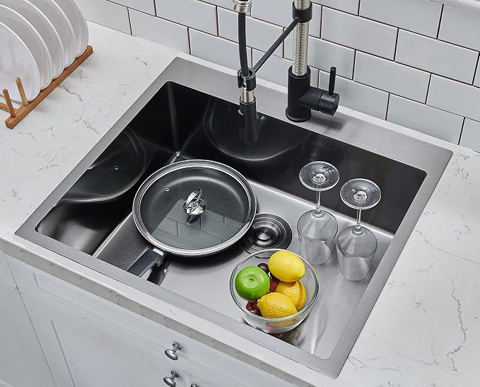 25x22 Inch Black Drop In Kitchen Sink, Top Mount 16 Gauge 304 Stainless Steel 8 Inch Deep Laundry Utility Sink, Gunmetal Black Single Bowl Topmount Overmount Sink