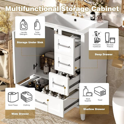 24.8" Bathroom Vanity with Ceramic Sink, Freestanding Bathroom Cabinet with Soft-Close Door, 3 Drawers & Spacious Storage, Solid Wood Frame and MDF, Modern White Vanity for Small Bathrooms