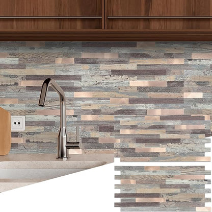 Yipscazo 40 Sheets Peel and Stick Stone Metal Backsplash Tiles, PVC Wall Tiles Stick on Backsplash for Kitchen, Bathroom (6'' X 12'', Rustic Wood)