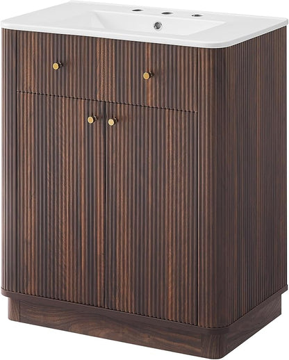 T4TREAM 30 Inch Bathroom Vanity with Sink, Modern Fluted Single Bathroom Vanity with Sink with Storage Cabinet, Adjustable Shelf, Dark Walnut
