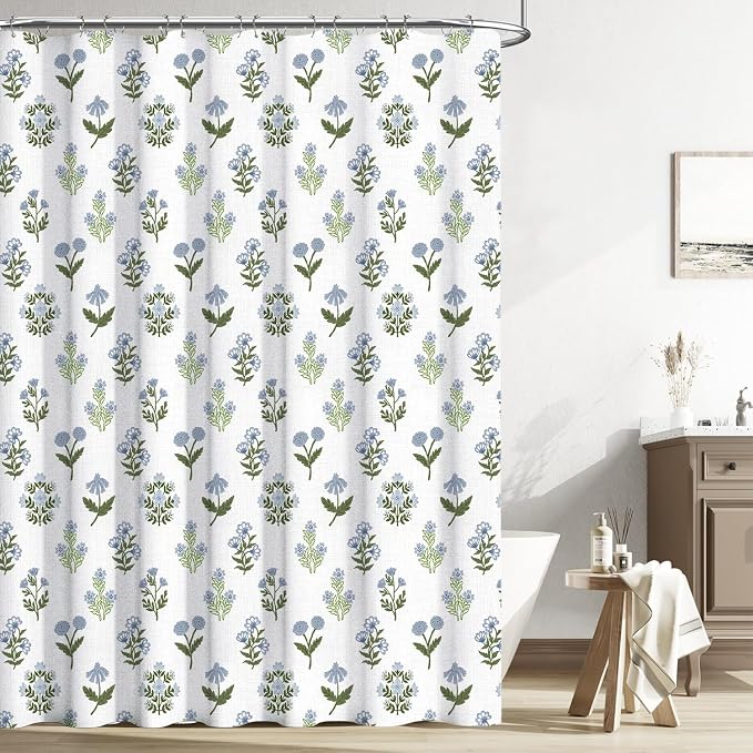 MUGINYU Abstract Vintage Floral Cotton Shower Curtain - Floral Block Print Pattern in Blue and Green,Botanical Boho Shower Curtain Set for Rustic Farmhouse Frenchy Bathroom Decor 72x72 Inch