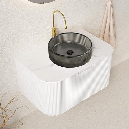 36 inch Floating Bathroom Vanity with Sink, Modern Bathroom Cabinet with Round Transparent Black Glass Basin and Marble Top, Large Storage Drawer, Soft-Close Design, Pre-Assembled, White