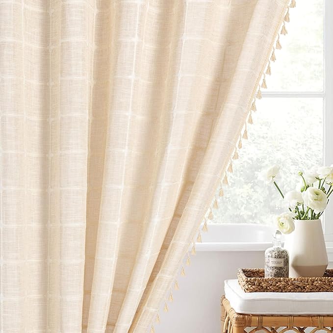 MitoVilla Boho Small Stall Shower Curtain 36 x 72, Beige Narrow Polyester Linen Fabric Shower Curtains for Farmhouse Bathroom Decor, Half Size Cloth Shower Curtain Set with Hooks, Cream