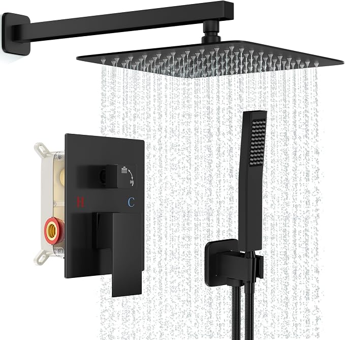 FPXRNG Shower Faucet Set Rainfall Shower System with Square Shower Head and Handle Set Rough-in Valve and Metal Trim Kit Included Matte Black 12 Inch Wall Mounted Shower Fixtures