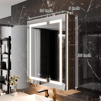Smart LED Medicine Cabinet with Mirror, 30W×36H Inch Bathroom Storage Medicine Cabinet, 3 Color Stepless Dimming & Anti-Fog, 5X Magnifier, Night Light, 2 Doors, DTC Soft-Close Hinges