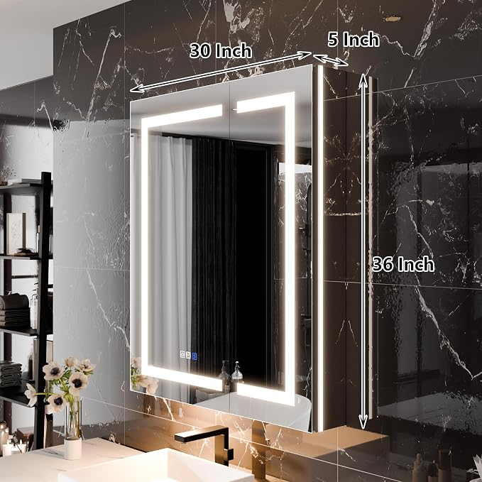 30"x36" Smart LED Medicine Cabinet with Mirror - Double Door Bathroom Storage, Anti-Fog, 3-Color Stepless Dimming, 5X Magnifier, Night Light, Soft-Close Hinges