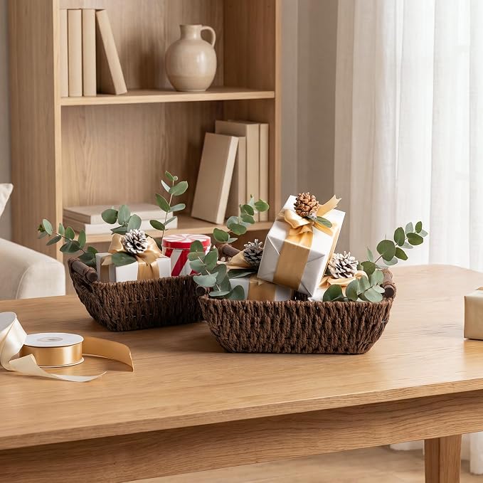 StorageWorks Small Baskets for Organizing, Woven Basket for Shelves | Wicker Storage Baskets for Shelves, Baskets with Wooden Handles, 2-Pack Gifts Basket for Home Decor, Hand-Woven Basket