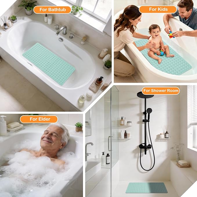 Yimobra Bathtub Shower Mat 27.5 x 15.5, Non Slip Bath Mats for Tub Floor with Drain Hole and Suction Cups, Soft on Feet, Machine Washable, Easy Dry, Light Green