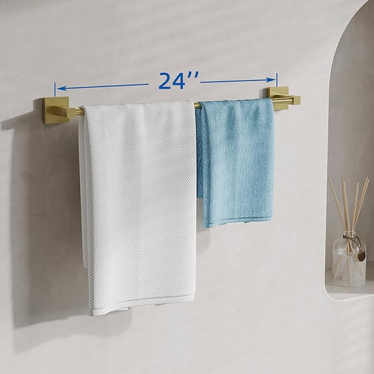 RUACQ Gold Towel Bar 24 inch, 304 Stainless Steel Towel Racks for Bathroom Wall Mounted, Heavy Duty Bath Towel Rod with Square Base(Brushed Gold)