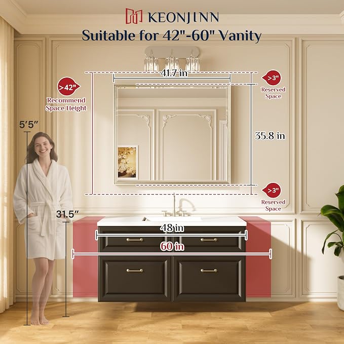 Keonjinn 42" x 36" Black Bathroom Vanity Mirror, Aluminum Alloy Frame | HD Tempered Glass with Beveled Edge, Secure French Cleat, Rectangular Wall Mirror for Over Sink, Hallway, Living Room Decor