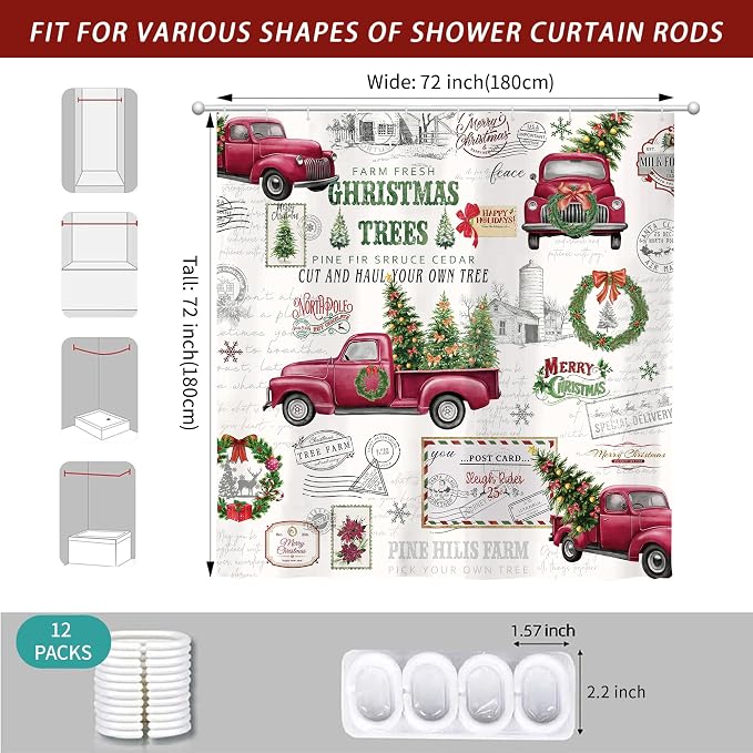 Vintage Christmas Farmhouse Shower Curtain for Bathroom 72W*72H Inch Red Truck Xmas Tree Winter Snowflake Wreath Classical Country Holiday Decorations Bathtub Decor Waterproof Polyester Fabric Set