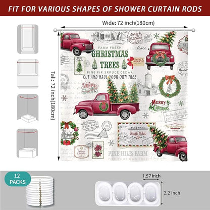 Vintage Christmas Farmhouse Shower Curtain for Bathroom 72W*72H Inch Red Truck Xmas Tree Winter Snowflake Wreath Classical Country Holiday Decorations Bathtub Decor Waterproof Polyester Fabric Set