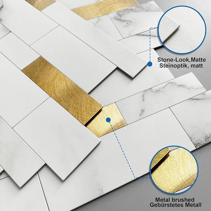 Stone Peel Stick Backsplash Tiles Kitchen Wall White Gold 10pcs