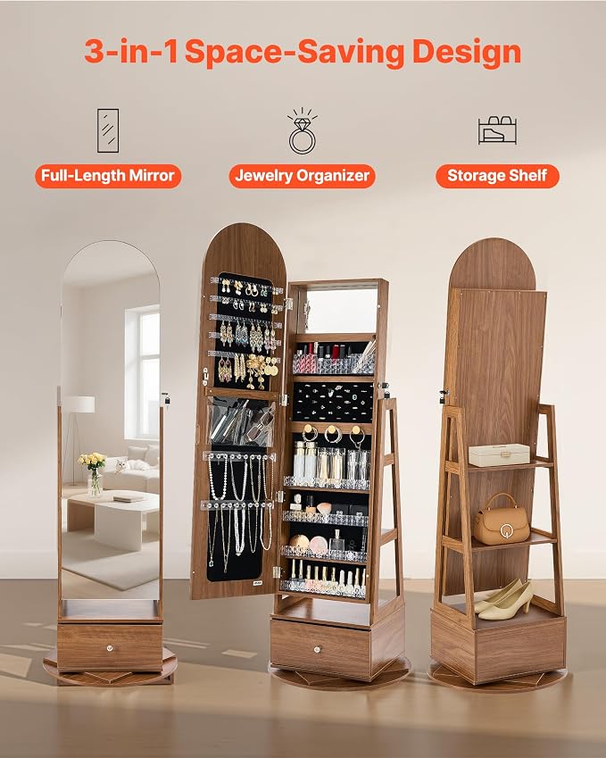 VEVOR 360° Swivel Jewelry Cabinet, 65.1-inch Tall, Full-Length Mirror with Storage, Standing Rotatable Jewelry Armoire Organizer, Lockable with 2 Keys, Accessory Pouches, Storage Shelves and Drawer
