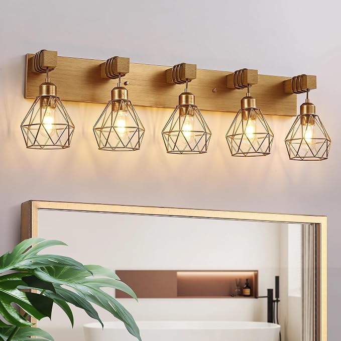 maesta 5 Light Bathroom Vanity Light, Farmhouse Gold Fixture Over Mirror | Farmhouse Bathroom Light Fixtures, Wood & Metal, Anti-Rust, Easy to Install for Rustic Bathroom Hallway