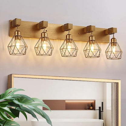 maesta 5 Light Bathroom Vanity Light, Farmhouse Gold Fixture Over Mirror | Farmhouse Bathroom Light Fixtures, Wood & Metal, Anti-Rust, Easy to Install for Rustic Bathroom Hallway