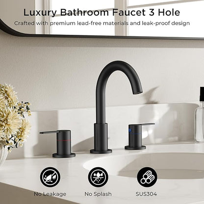 QFN Matte Black Bathroom Faucets 3 Hole, 8 Inch Widespread Vanity Sink Faucet with Aerator, 2 Handle 360° Swivel High Arc Spout, Spot-Free Finish, cUPC NSF Certified and CEC & DOE Compliant