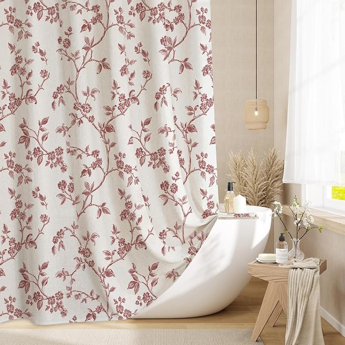 MitoVilla Burgundy Linen Floral Shower Curtain for Bathroom, 72 x 72 | Burgundy BoHo Cottagecore Spring Shower Curtains, Modern Farmhouse Country Plant Leaves Bathroom Décor, 72 x 72