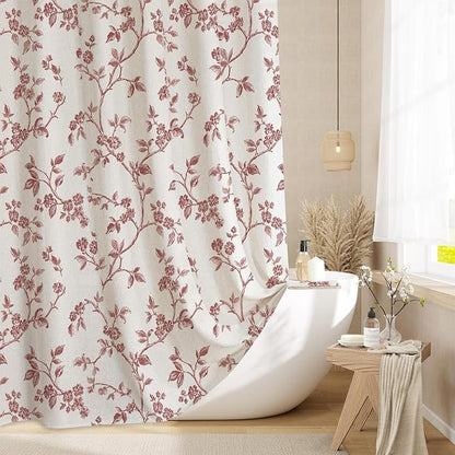 MitoVilla Burgundy Linen Floral Shower Curtain for Bathroom, 72 x 72 | Burgundy BoHo Cottagecore Spring Shower Curtains, Modern Farmhouse Country Plant Leaves Bathroom Décor, 72 x 72