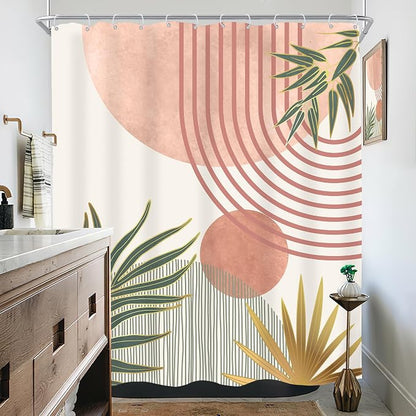 Mid Century Pink Green Boho Abstract Modern Bathroom Shower Curtain Set | 60Wx72L Orange design, waterproof HD print with fast-drying fabric and 12 hooks.
