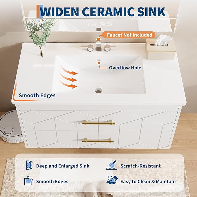 IDEALHOUSE Floating Bathroom Vanity with Sink 36 inch, Modern Bathroom Sink Cabinet, Ceramic Vanity Top, 2 Large Storage Drawers with Gold Metal Handle, Easy to Assembly, White