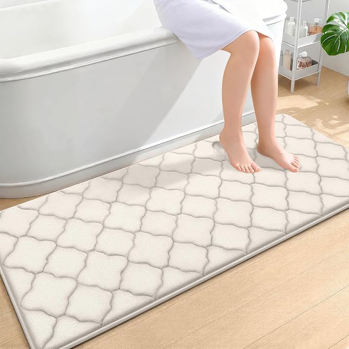OLANLY Memory Foam Bath Mat Rug 59x24, Ultra Soft and Absorbent Bathroom Rugs, Non-Slip, Comfortable, Machine Washable Bath Carpet for Bathroom Floor, Tub, Shower and Home Decor Accessories, Ivory