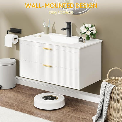 Vabches 30 Inch Bathroom Vanity with Sink, Wood Grain Wall Mounted Vanity with 2 Storage Darwers, Floating Bathroom Vanity with Storage, Bathroom Floating Vanity with Sink, Faucet, Drain, White