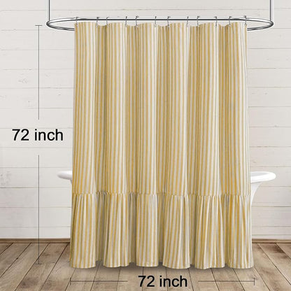Farmhouse Shower Curtain Ruffle Linen Cream-Yellow Stripe 72"W x 72"L | Farmhouse Boho, Striped, Bottom Ruffle, Linen Fabric, Rustic, Country, Natural Look, Washable, for Bathroom Bathtub