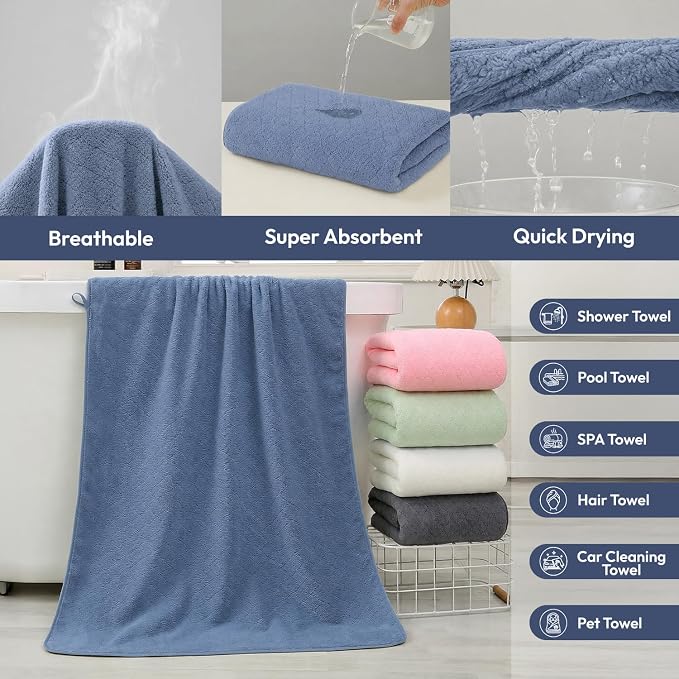 JML Bath Towels with Hanging Loop, 2 Pack, 27x55 in, Microfiber, Light Blue | Soft, Super Absorbent, Quick Dry, Lint-Free & Fade-Resistant, Lightweight Bathroom Towel for Daily Use