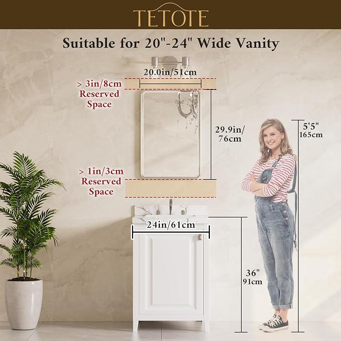 Brushed Gold Mirror 20 x 30 Beveled Edge Tempered Glass, Rounded Corner Rectangle Bathroom Mirror for Over Sink for Modern Bathroom, Living Room, Bedroom, Entryway
