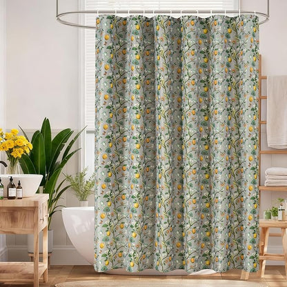 Grey Floral Bird Shower Curtain 72x72, Hummingbird and Lemon Botanical Fabric Bath Curtains, Lightweight Quick-Dry Bathroom Decor Set with Hooks