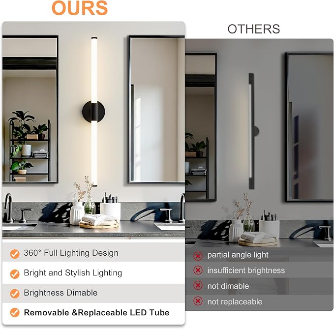 LED Bathroom Vanity Lights Black Wall Sconce Modern 30" | 360° Bright Bathroom Light Fixture, Dimmable Vanity Light, Hardwired Wall Light 4000K for Mirror