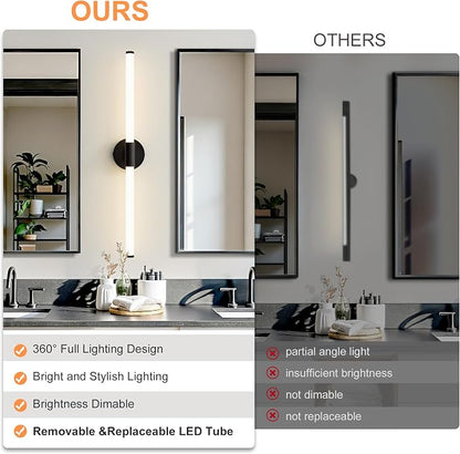 LED Bathroom Vanity Lights Black Wall Sconce Modern 30" | 360° Bright Bathroom Light Fixture, Dimmable Vanity Light, Hardwired Wall Light 4000K for Mirror