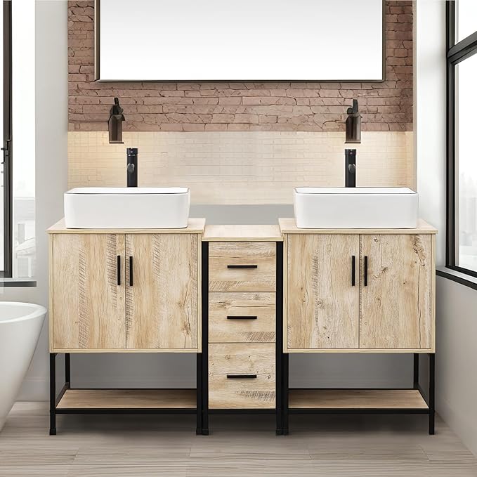UEV Rustic 60" Double Sink Bathroom Vanity with Sink Combo,Industrial Iron Frame Bathroom Cabinet Sets with Middle 3 Drawers Cabinet (Rustic Oak, 031WH)