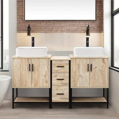 UEV Rustic 60" Double Sink Bathroom Vanity with Sink Combo,Industrial Iron Frame Bathroom Cabinet Sets with Middle 3 Drawers Cabinet (Rustic Oak, 031WH)