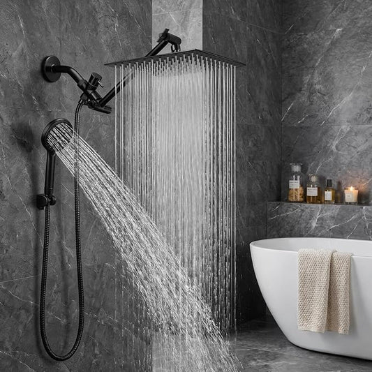 Shower Head, 12'' High Pressure Rainfall/Handheld Shower Combo, Matte Black | 9 Settings, Anti-leak Shower Head with 11'' Extension Arm, Holder, Hose, Height/Angle Adjustable Shower, 1.75GPM