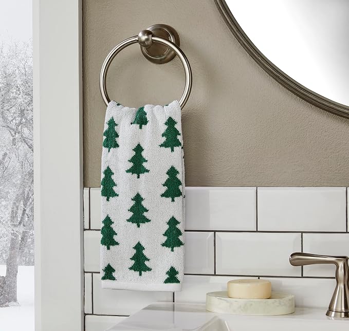 SKL Home Christmas/Winter Holiday Trees Hand Towel Set-2pc, Green/White | 100% Cotton. 500 GSM. Soft & absorbent. Reversible jacquard pattern. Great for the bathroom, kitchen or bar & gifting.