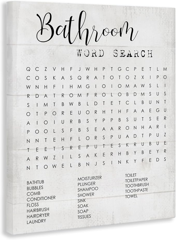 Bathroom Word Search Family Fun, 30 x 40 Inch Canvas Wall Art | Stupell Industries · By Lil' Rue · Ready to hang · Playful bath decor · Made in USA