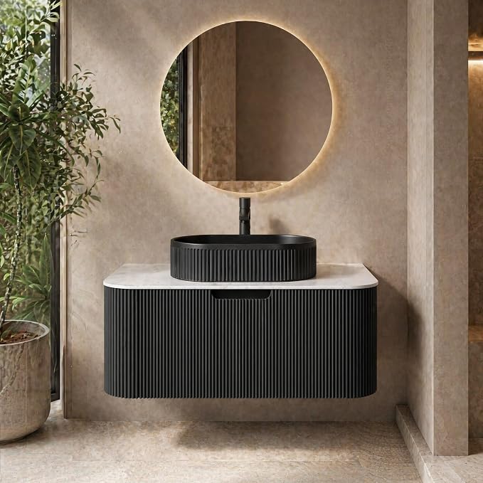 36 Inch Bathroom Vanity with Sink, Floating Wall Mounted Single Sink Vanity, Black Curved Fluted Front, Stone Top, Black Textured Oval Vessel Basin, Pre-Assembled