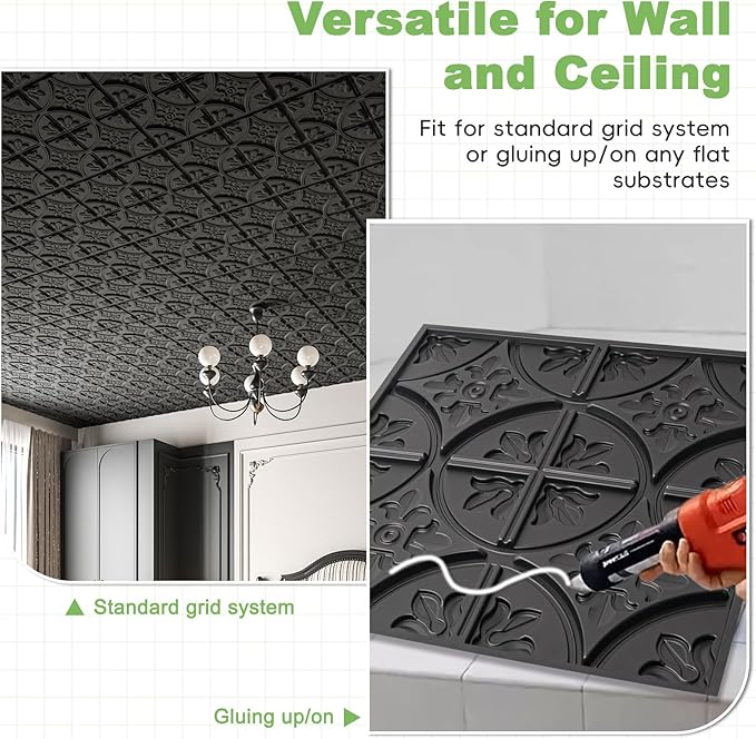 Art3d Drop Ceiling Tiles 2x2, Glue-up Ceiling Panel, Fancy Classic Style in Black