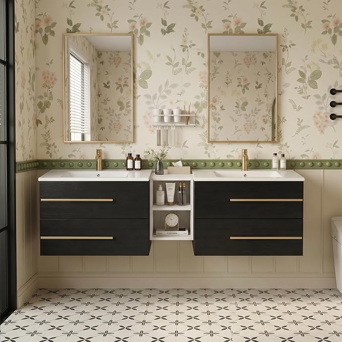 72 Inch Floating Double Sink Bathroom Vanity, Modern Bathroom Vanity with Sink & Large Storage Drawers, Wall Mounted Bathroom Sink Cabinet, Black&White
