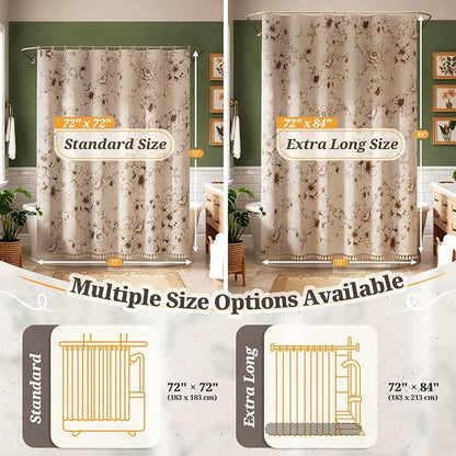 Vintage Floral Shower Curtain with 12 Clear Rings - 72" W x 72" L | Farmhouse Fabric Faux Linen Shower Curtain Set, French Country Cottagecore Style Shower Curtain for Bathroom