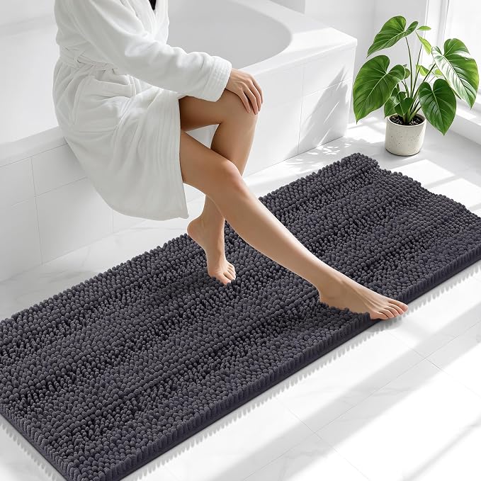 Smiry Thick Chenille Bathroom Runner Rugs 47x20, Soft Bath Mat, Dark Grey | Quick‑Dry & Machine Washable, Non‑Slip Bath Carpet, Striped Bath Rugs for Tub & Shower, Modern Home Decor Accessories